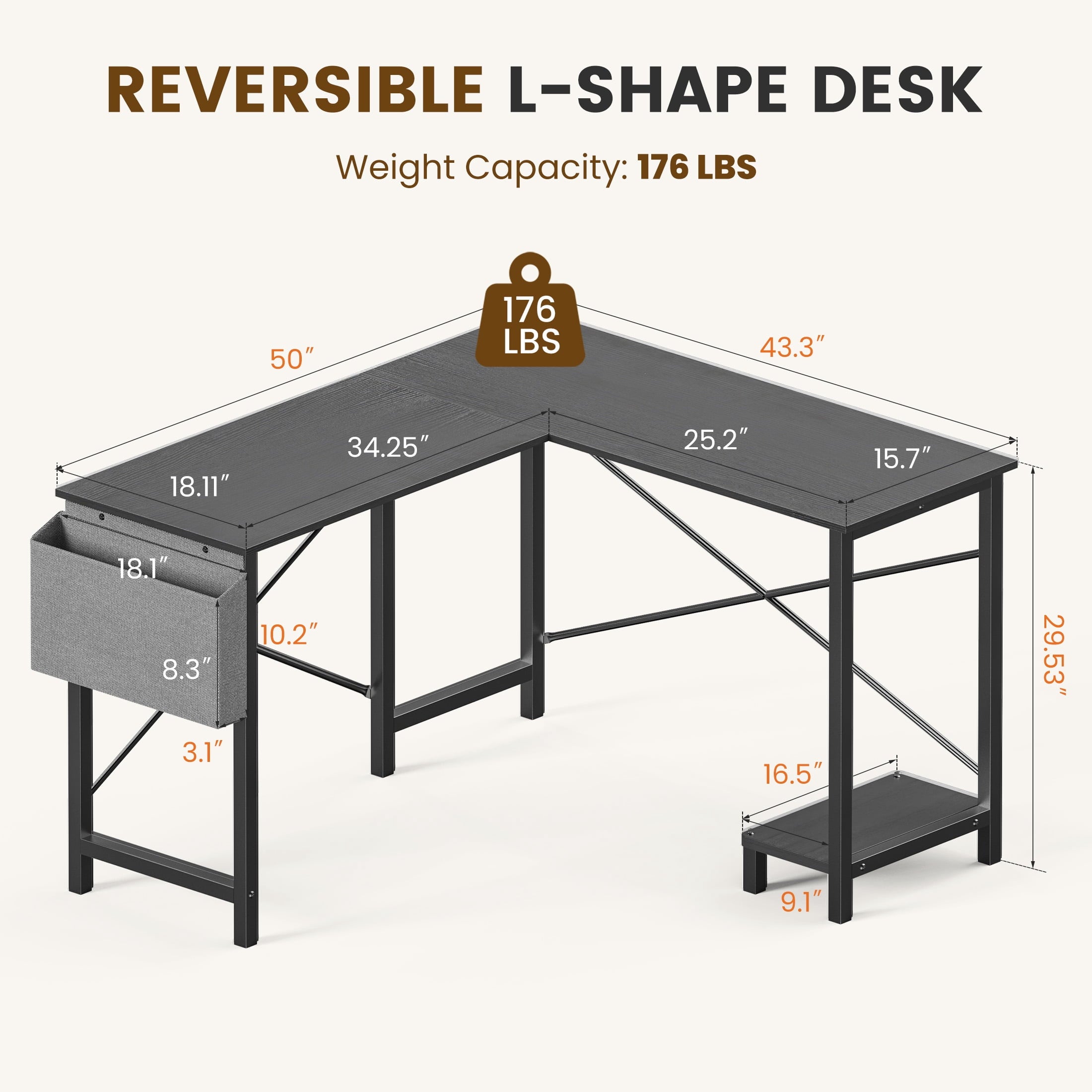 CONCETTA 49in Reversible L Shaped Computer Desk with Storage, Coner Desk with Wooden Desktop, CPU Stand and Side Bag for Home Office & Gaming, Black