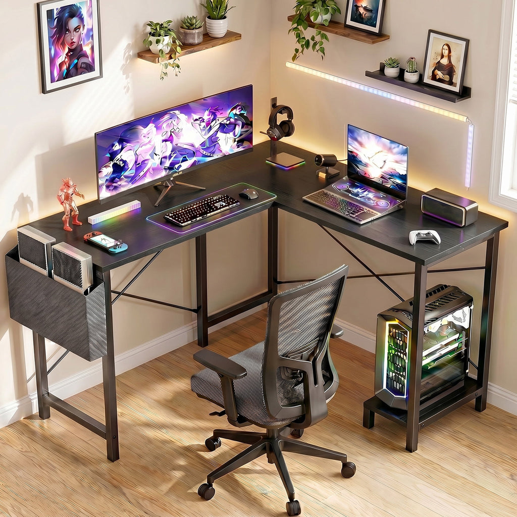 CONCETTA 49in Reversible L Shaped Computer Desk with Storage, Coner Desk with Wooden Desktop, CPU Stand and Side Bag for Home Office & Gaming, Black