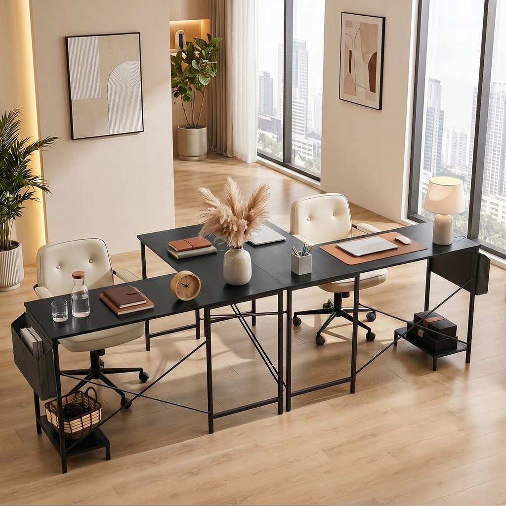 CONCETTA 49in Reversible L Shaped Computer Desk with Storage, Coner Desk with Wooden Desktop, CPU Stand and Side Bag for Home Office & Gaming, Black