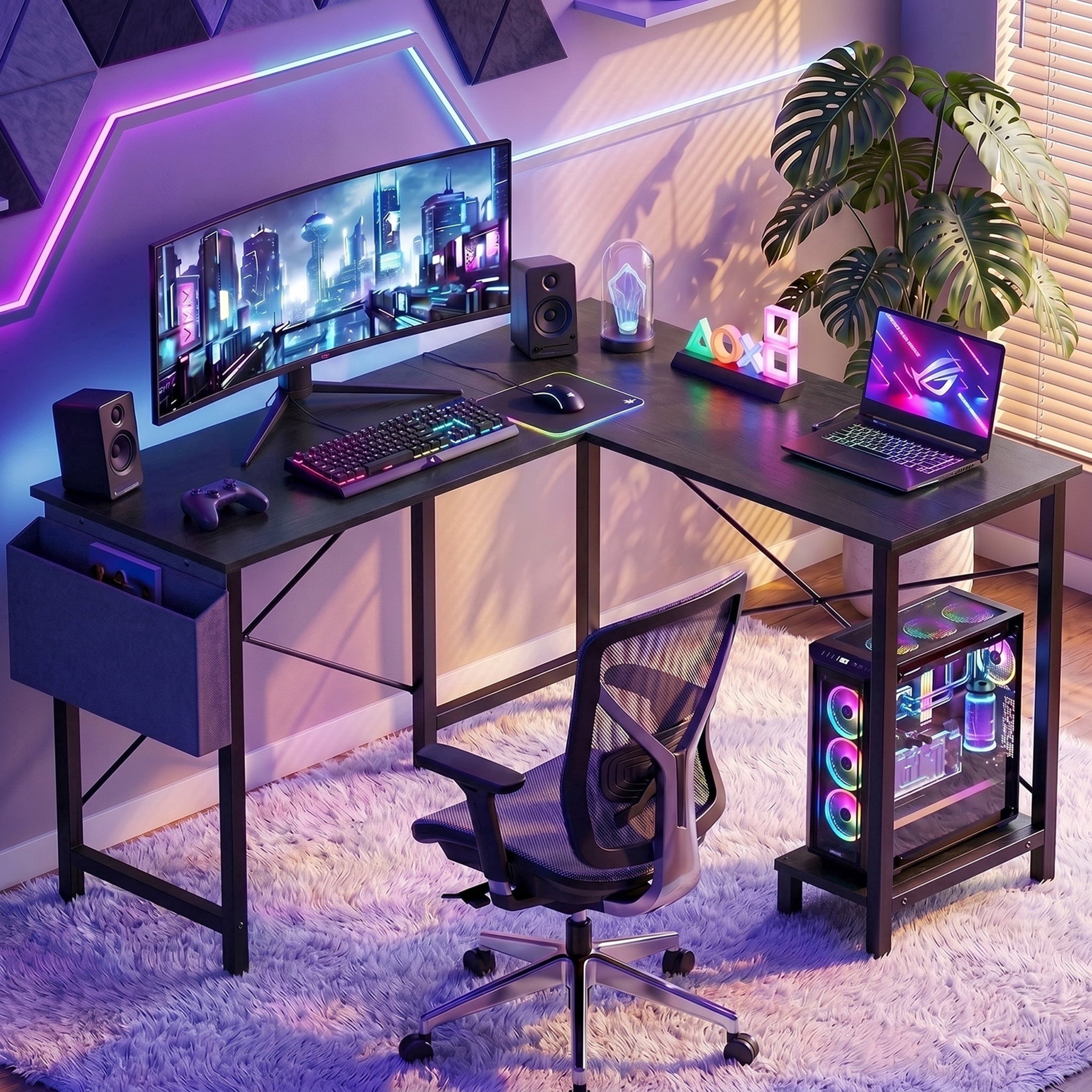 CONCETTA 49in Reversible L Shaped Computer Desk with Storage, Coner Desk with Wooden Desktop, CPU Stand and Side Bag for Home Office & Gaming, Black