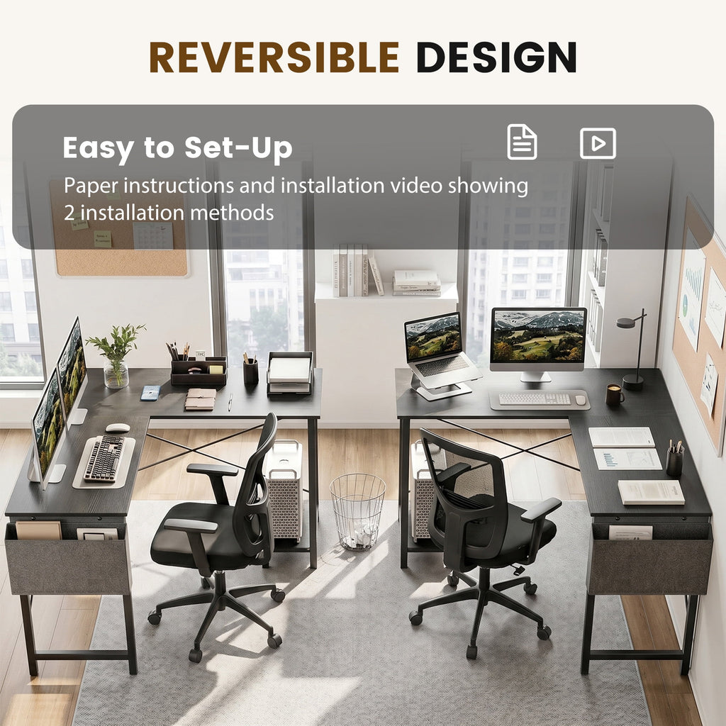 CONCETTA 49in Reversible L Shaped Computer Desk with Storage, Coner Desk with Wooden Desktop, CPU Stand and Side Bag for Home Office & Gaming, Black
